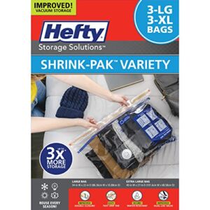 Hefty Shrink-Pak – 3 Large and 3 XL Vacuum Seal Storage Bags – Space Saver Bags for Clothing, Pillows, Towels, or Blankets, 3 x Large and 3 x XL Bags