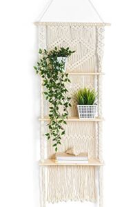 KALTEK Macrame Wall Hanging Shelf, Handmade Boho Macrame Shelf with 3 Shelves for Plants and Decor, Hanging Bohemian Shelf with 3 Tiers, Indoor Macrame Wall Hanging Shelf