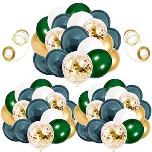 60 Pcs 12Inch Green And White Gold Confetti Balloons Plus 2 Rolls Gold Ribbons for Kids Jungle Safari Wild One Baby Shower Birthday Party Supplies Decorations