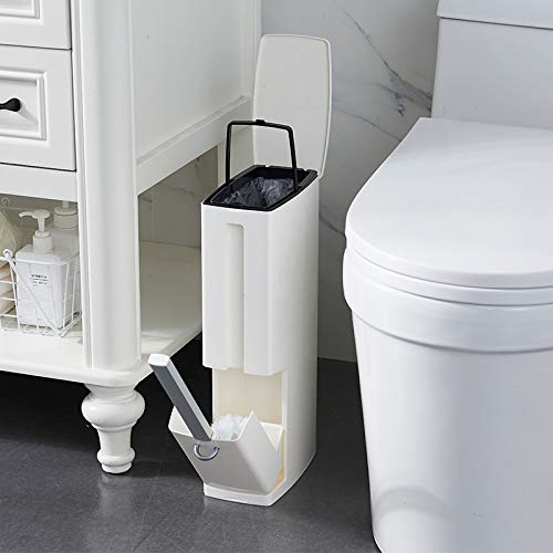 Cq acrylic Slim Plastic Trash Can 1.3 Gallon, Trash can with Toilet Brush Holder, 5 Liter Garbage Can with Press Top Lid, White Rectangular Modern Waste Can for Bathroom | The Storepaperoomates Retail Market - Fast Affordable Shopping