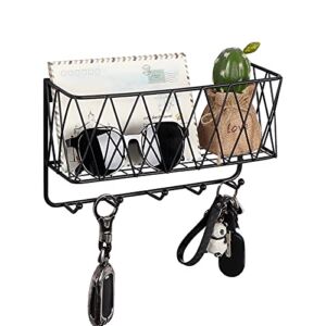 OROPY Entryway Mail Holder with Key Hooks, 11″ L×3.1″ W×6.1″ H, Wall Mounted Matte Black Metal Wire Mesh Storage Basket with 5 Hooks, Easy to Organize Letters, Magazines, Keys, Leashes for Entryway