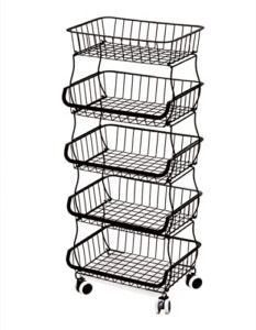 OKZEST 5 Tier Fruit Vegetable Storage Basket for Kitchen, Stackable Metal Wire Baskets with Wheels, Produce Onion Potato Storage Bin Rack Snack Organizer Stand Holder Utility Cart for Pantry, Black