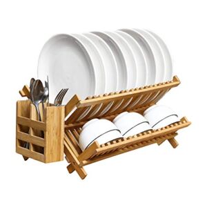 PENGKE Dish Rack, Bamboo Folding 2-Tier Collapsible Drainer Dish Drying Rack with Utensils Flatware Holder Set (1 Dish Rack with Utensil Holder for Kitchen)