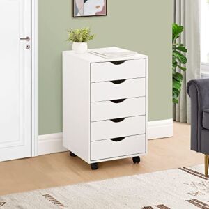 Naomi Home Taylor 5 Drawer Chest, Wood Storage Dresser Cabinet with Wheels, Craft Storage Organization, Makeup Drawer Unit for Closet, Bedroom, Office File Cabinet 180 lbs Total Capacity – White