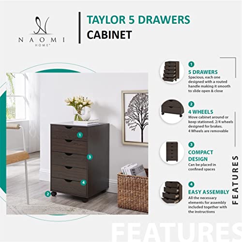 Naomi Home Taylor 5 Drawer Chest, Wood Storage Dresser Cabinet with Wheels, Craft Storage Organization, Makeup Drawer Unit for Closet, Bedroom, Office File Cabinet 180 lbs Total Capacity – White | The Storepaperoomates Retail Market - Fast Affordable Shopping