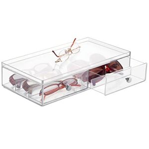 mDesign Wide Stackable Plastic Eye Glass Organizer Box Holder for Sunglasses, Reading Glasses, Lens Cleaning Cloths, Accessories – 2 Divided Drawers with 6 Sections, Chrome Pulls – Clear