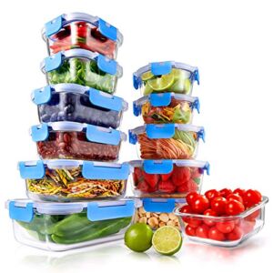 24-Piece Glass Food Storage Containers – Stackable Superior Glass Meal-prep Containers w/ Newly Innovated Hinged BPA-Free 100% Leakproof Locking Lids – Freezer-to-Oven-Safe – NutriChef NCGLBU (Blue)