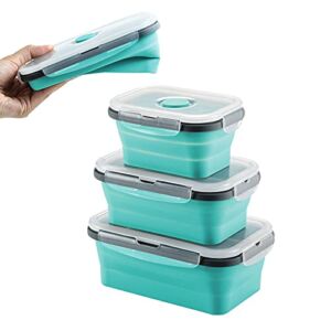 MAXCOOK Collapsible Stacking Silicone Lunch Boxes with Airtight Lid, Portable Bento Storage Containers for Food, Microwave, Freezer, Dishwasher Safe, BPA Free, Set of 3 (Green, Set of 3)
