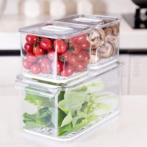 Slideep Food Storage Containers Produce Saver with Lids, Stackable Refrigerator Freezer Organizer Bins with Removable Drain Tray, Fridge Fresh Keeper for Veggie, Berry, Fruits, Vegetables 3 Pack