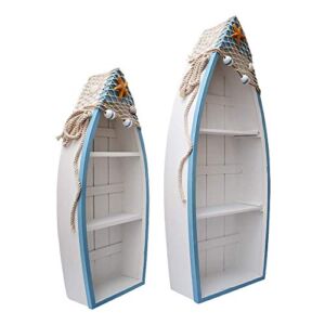 K KILIPES Set of 2 Wooden Nautical Boat Display Shelf Beach Theme Table Decor Standing Boat Shelf for Bathroom Living Room (Nautical)