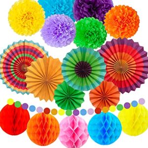 19pcs Party Decorations, Colorful Paper Fans, Tissue Paper Pom Poms, Honeycomb Balls and Circle Dot Garland for Birthday Party, Wedding Decorations, Fiesta or Mexican Party