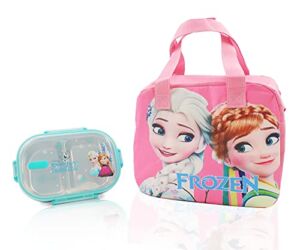 FINEX Frozen Princess Anna and Elsa Pink Zippered Insulated Food Bag + Light Blue Stainless Steel Compartment Bento Container Box with Clear Lid set for picnic