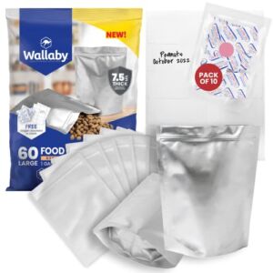 Wallaby 60х 1 Gallon Mylar Bag 7.5 mil for Food Storage with 400cc Oxygen Absorbers & Labels – 10″x14″ Stand-Up Heat Seal Bulk Resealable Gusset Ziplock Foil Bags for Freeze Dryers, Dehydrated Dried Food