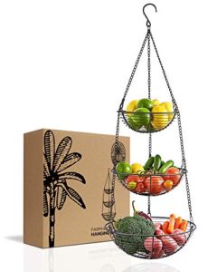 Regal Trunk & Co. 3 Tier Hanging Fruit Basket, Farmhouse Wire Basket, Three Tier Fruit Basket for Kitchen for Vegetables, Bread & More, Metal Chain, Hanging Hook and Detachable Round Wire Baskets