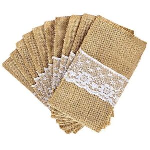 OurWarm 4 x 8 Inch Natural Burlap Lace Utensil Cutlery Holders Pouch Bags 50 Pack Knifes Forks Napkin Silverware Holder Bag for Rustic Wedding Party Bridal Shower Decorations