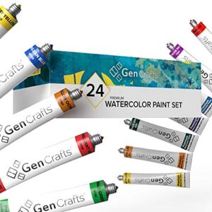 GenCrafts Watercolor Paint – Set of 24 Premium Vibrant Colors – (12 ml, 0.406 oz) – Quality Non Toxic Pigment Paints for Canvas, Fabric, Crafts, and More