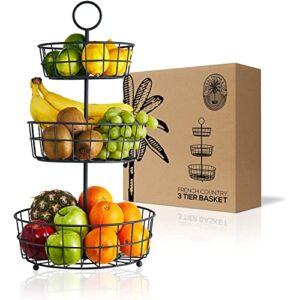 3 Tier Fruit Basket Regal trunk & Co, Elegant French Country Wire Baskets, Three Tiered Wire Basket Stand for Vegetables, Bread & More for Countertop or Hanging, Christmas or Birthday Present