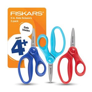 Fiskars Kids Scissors, Scissors for School, Safety Scissors, Pointed Tip Scissors, 5 Inch, 3 Pack, Red, Blue, Turquoise