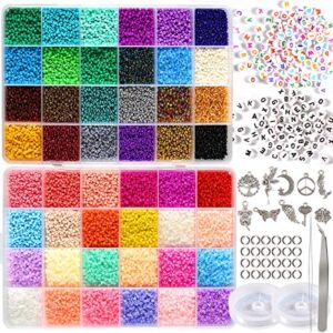 35000pcs 2mm 12/0 Glass Seed Beads for Jewelry Making Supplies Kit Small Bead Craft Set Bracelets Necklace Ring Making Kits Glass Seed Letter Alphabet Beads Charms Pendants DIY Art Craft Kit for Girls