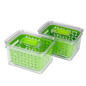 Goodful Produce Keeper, Adjustable Air Vents, Removable Insert/Colander, Durable Food Safe Material, Stackable, Clear and Green, Small, 7.6″ x 5.6″ x 4.2″, Two Pack