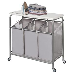 STORAGE MANIAC 3-Section Laundry Sorter with Foldable Ironing Board, Heavy-Duty Rolling Laundry Cart with and Removable Bags, Triple Laundry Hamper with Wheels, Laundry Sorter with Top Shelf, Grey