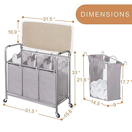 STORAGE MANIAC 3-Section Laundry Sorter with Foldable Ironing Board, Heavy-Duty Rolling Laundry Cart with and Removable Bags, Triple Laundry Hamper with Wheels, Laundry Sorter with Top Shelf, Grey | The Storepaperoomates Retail Market - Fast Affordable Shopping