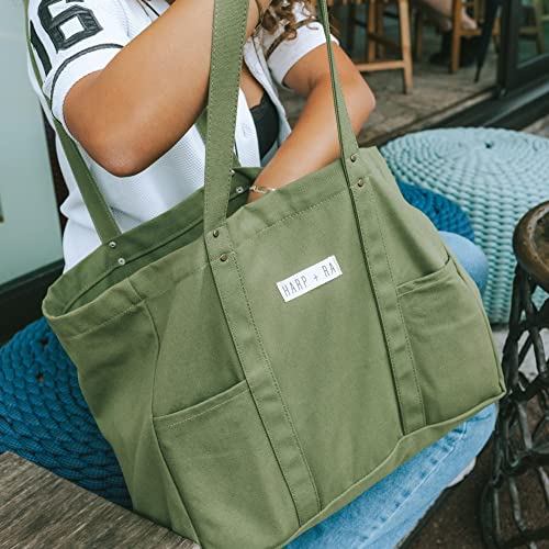 Harp and Ra Forest Green Tote Bag – Utility Tote with 2 Front Pockets and Laptop Sleeve, Teacher Bag in 16 Oz. Organic Cotton, Jumbo Book Bag for Nurses, School, Work, Diapers, Tote Bag | The Storepaperoomates Retail Market - Fast Affordable Shopping