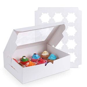 [15-Packs] White Cupcake Boxes 12 Holders Standard Cupcakes, Cupcake Containers Carrie Holders for Cookies, Muffins and Pastries13.8 x 9.5 x 4inch with Inserts and PVC Windows