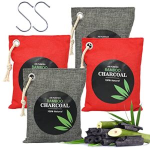 Charcoal bags odor absorber, Bamboo Charcoal air purifying bag 4 pack (4x200g). Closet odor eliminator, Activated Charcoal bags for Home and Car(Pet Friendly), Nature fresh air purifier bags and Deodorizer for Closet, Bathroom and Shoe.