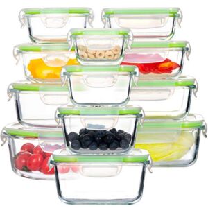 Glass Food Storage Containers with Lids, [24 Piece] Airtight Glass Storage Containers, Leak Proof Glass Meal Prep Containers, BPA Free Glass Bento Boxes for Lunch (12 lids & 12 Containers)