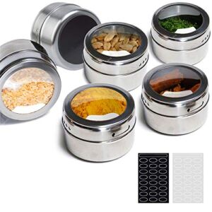 ILEBYGO Magnetic Spice Tins 6pcs Stainless Steel Spice Jars Storage Spice Containers,Clear Top Lid with Sift or Pour,48 Blank Spice Stickers Include,Magnetic on Refrigerator and Grill