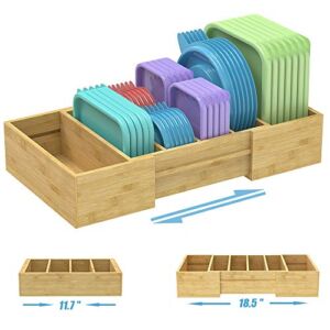 Expandable Bamboo Food Container Lid Organizer, Lid Organizer for Cabinet, Adjustable Lid Organizer for Plastic Lids and Covers Storage, Lid Organizer Rack with Adjustable Dividers