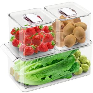 WAVELUX Produce Saver Containers for Refrigerator, Food Fruit Vegetables storage, 3 Pcs Stackable Freezer Fridge Organizer, Fresh Keeper Drawer Bin Basket with Vented Lids & Removable Drain Tray