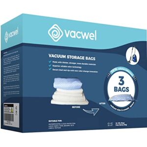 Vacwel 3-Pack XXL Vacuum Storage Bags – 47 x 35″ XXL Space Saver Bags for Clothes Storage – XL Comforters – Mattress Topper – Blanket Storage – Vacuum Sealer Bags – Ziplock Sealed (3x XXL Bags)