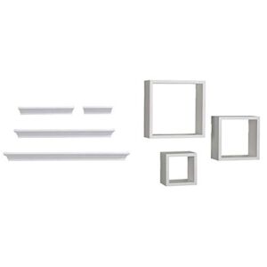 Melannco Floating Wall Shelves for Bedroom, Living Room, Bathroom, Kitchen, Nursery, Set of 4, White, 4 Count & Floating Wall Mount Square Cube Shelves, Set of 3, White – 5140525