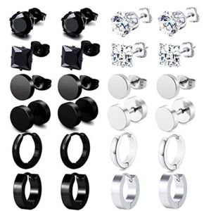 K&Q 12 Pairs Stainless Steel CZ Stud Earrings Hoop Earrings Set Huggie Hoop Ear Piercing for Woman/ Men/ Teen Girls and Boys Gift