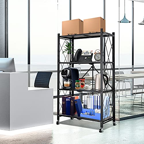 hantop 4 Tier Metal Storage Shelves, Toolless Assembly, Folding Shelving Unit with Rolling Brake Wheels, Large Capacity Utility Shelf Storage Rack for Garage Warehouse Patio Basement | The Storepaperoomates Retail Market - Fast Affordable Shopping
