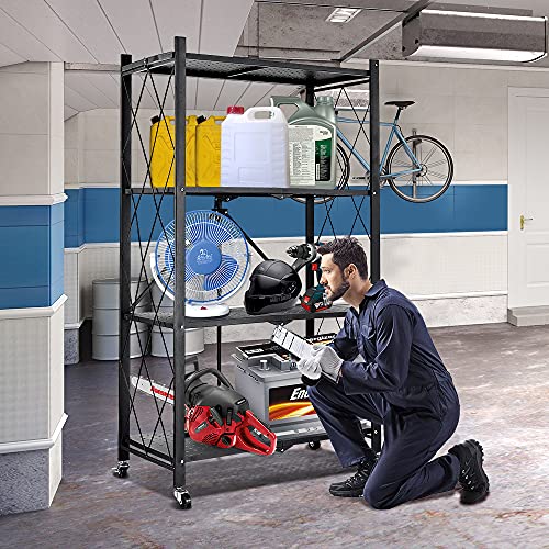 hantop 4 Tier Metal Storage Shelves, Toolless Assembly, Folding Shelving Unit with Rolling Brake Wheels, Large Capacity Utility Shelf Storage Rack for Garage Warehouse Patio Basement | The Storepaperoomates Retail Market - Fast Affordable Shopping