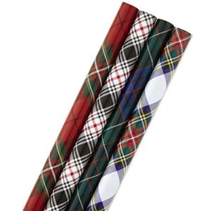 Hallmark Christmas Wrapping Paper Bundle with Cut Lines on Reverse, Plaid (Pack of 4, 120 sq. ft. ttl) Red and Black, Green and Blue, Red and Green Plaid, 4 Pack