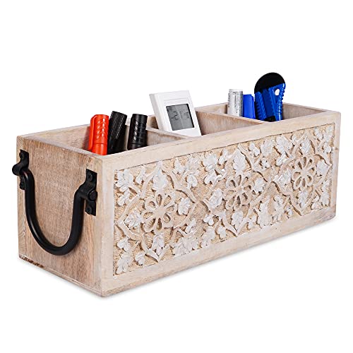 3-Slot Wooden Desk Organizer – Multi-Purpose Utensil Caddy for Kitchen Countertop, Work Desk, Bathroom, Cutlery Caddy, Pencil Caddy, Office Supplies Organizer – 13.75 Inches, Whitewash and Black | The Storepaperoomates Retail Market - Fast Affordable Shopping