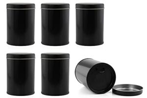Double Seal Tea Canisters (6-Pack); Black Metal Round Tea Tins w/ Interior Molded Plastic Seal