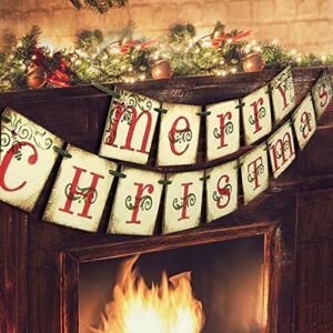 Merry Christmas Banner – Vintage Xmas Decorations Indoor for Home Office Party Fireplace Mantle Farmhouse Decor