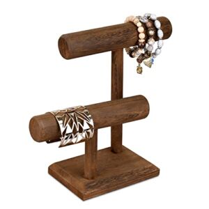 Ikee Design 2 Tier Wooden Jewelry Bracelet Watch Display Tower, Bangle Scrunchie Necklace Holder Storage Stand, 7.9″ W x 4.3″ D x 9.4″ H, Brown Color