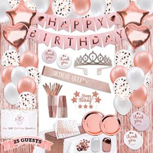 225 Pc Rose Gold Birthday Party Decorations Kit for Girls, Teens Or Women – Happy Birthday Pre-Strung Banners, Curtains,Table Runner, Balloons, Sash, Tiara, Cake Toppers, Plates, Cups, Napkins Straws for 25 Guest & Thank You Stickers