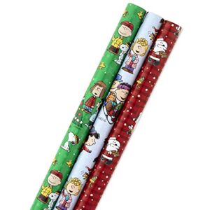 Hallmark Christmas Peanuts Wrapping Paper with Cut Lines on Reverse (Pack of 3, 105 sq. ft. ttl) Snoopy, Charlie Brown, Woodstock