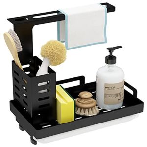 UPGRADED Sink Caddy Sink Sponge Holder Brush Soap Dishcloth Holder with Drain Pan Stainless Steel Caddy Organizer for Kitchen, Freestanding or Wall-Mounted (Black)