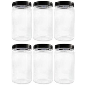 Cornucopia 32oz Clear Plastic Jars with Black Ribbed Lids (6 pack): BPA Free PET Quart Size Canisters for Kitchen & Household Storage