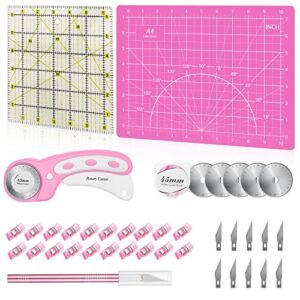 39 Pcs Rotary Cutter Set Pink – Quilting Kit incl. 45mm Fabric Cutter with 5 Extra Blades, A4 Cutting Mat, Craft Knife Set, Quilting Ruler and Sewing Clips, Ideal for Crafting, Sewing, Patchworking