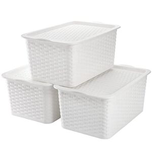 Dicunoy 3 Pack Lidded Storage Bins, Stackable White PlasticContainers, Small Storage Basket with Lid and Handle for Bathroom, Kitchen, RV, Toys, Pantry, Lockers, Classrooms, School, 11 x 7 x 5 inch