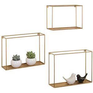 MyGift Gold Metal Wire Bathroom Floating Shelves, Decorative Wall Shadow Box Display Shelf for Bedroom, Set of 3